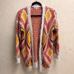 Woven Heart Small Women's Geometric Diamond Knit Boho Artsy Fuzzy Cozy Cardigan